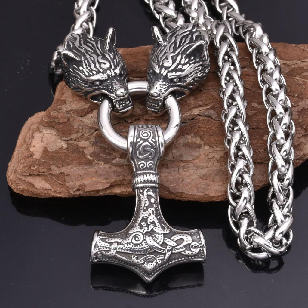European And American Viking Stainless Steel Wolf Head Thor 'S Hammer Pendant Necklace Men 'S Stainless Steel Necklace Jewelry