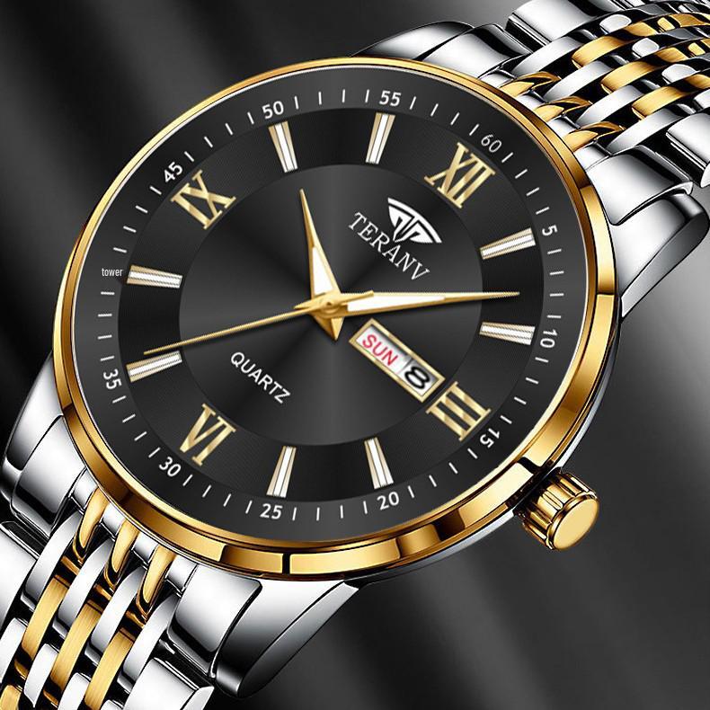 Butterfly Clasp Men's Ultra-Thin Luminous Stainless Steel Dual Calendar Waterproof Quartz Watch