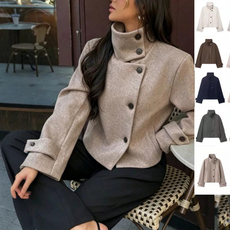 Womens Vintage Stand Collar Jacket Casual Solid Color Outerwear Fall Winter Petite Women