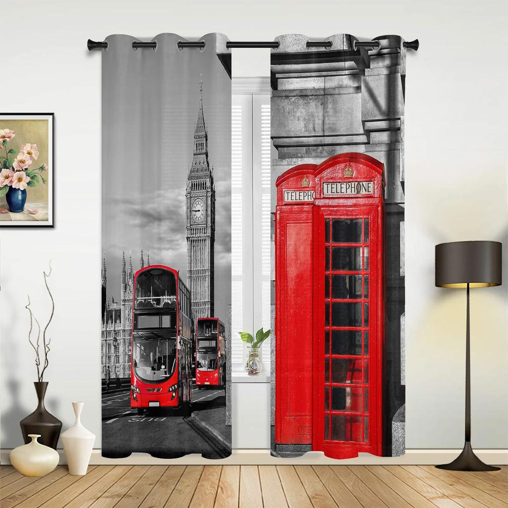 London Telephone Booth Curtains for Bedroom Living Room Drapes Kitchen Children's Room Window Curtain Modern Home Decor