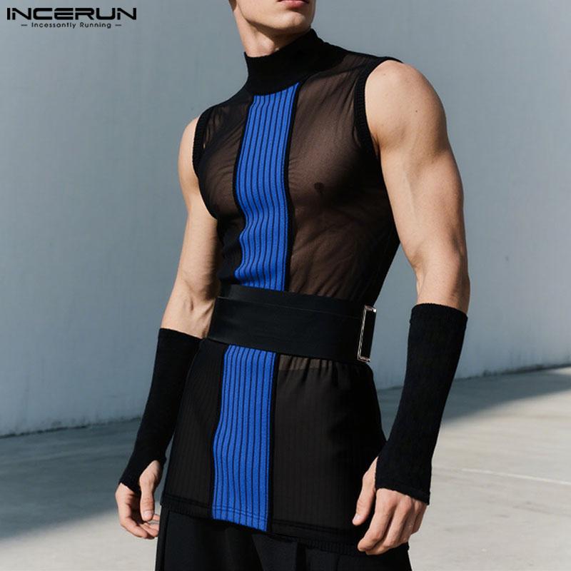 INCERUN Мужские майки без рукавов в полоску с сетчатыми вставками, прозрачные, облегающие, с накидными рукавами