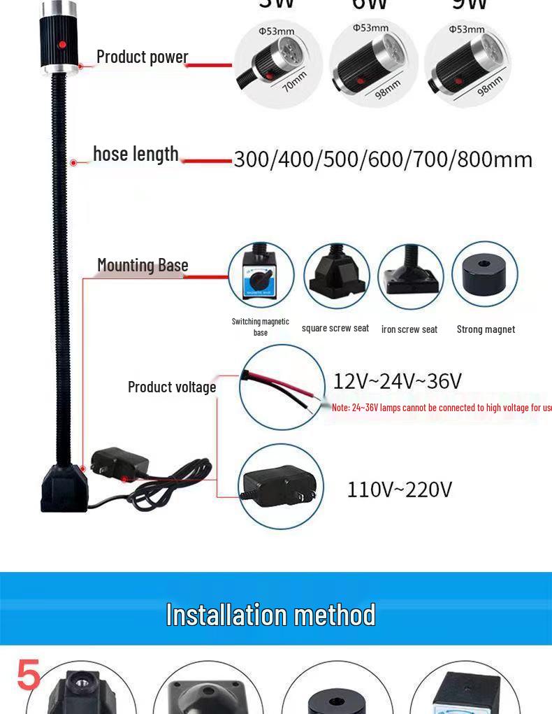 Светодиодный рабочий свет для станка с гибким шлангом и магнитным квадратным основанием для токарного станка и шитья.