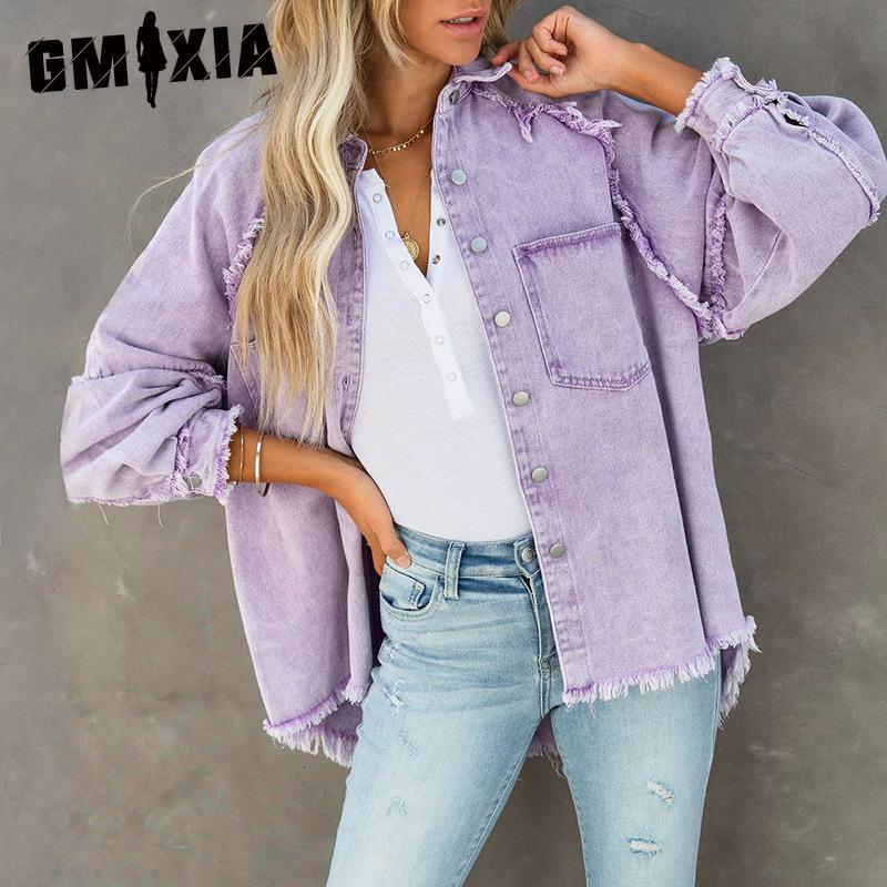 GMXIA Осенняя джинсовая куртка с длинным рукавом для женщин, моющаяся куртка средней длины свободного кроя с бахромой