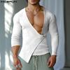 Men Deep V Neck Fitted Texture Long Sleeve Irregular Tops Undershirts