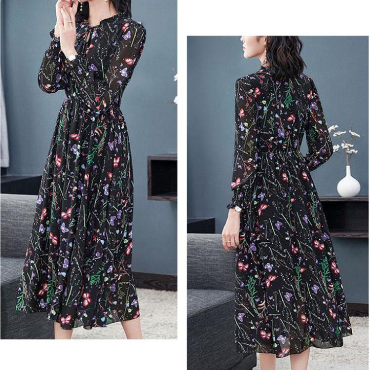 Шифоновое платье, женское платье с длинным рукавом и цветочным принтом, тонкое платье средней длины, размера плюс, летнее корейское модное повседневное платье