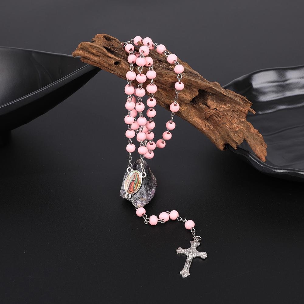 Wood Rosary Necklace For Women 6MM Wooden Prayer Beads Long Chain Religious Virgin Mary Cross Pendant Men Party Jewelry Gift
