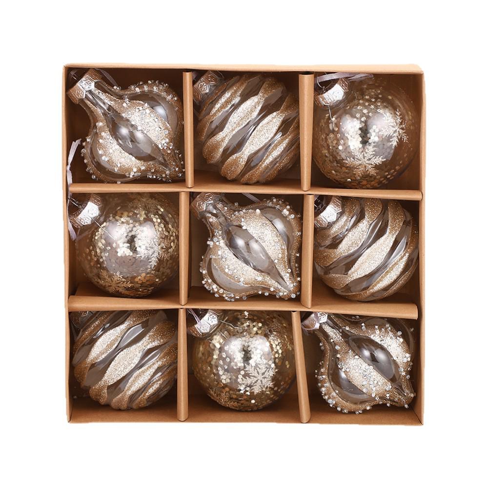 Exquisite Transparent Hand-Painted PET Christmas Ornament Set, 8cm, 9-Piece Holiday Decorations