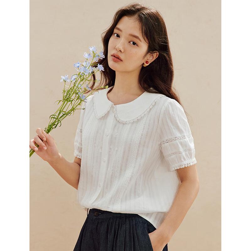INMAN Women's Sweet Lace Trim Cotton Blouse