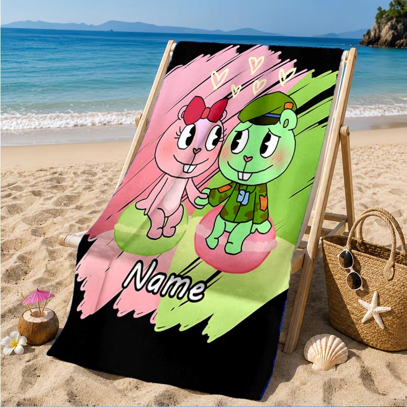 Custom Name Happy Tree Celebration Heart In Space Adventure Microfiber Beach Towel, Lightweight for Summer Travel, Swimming Pool Fan Gift