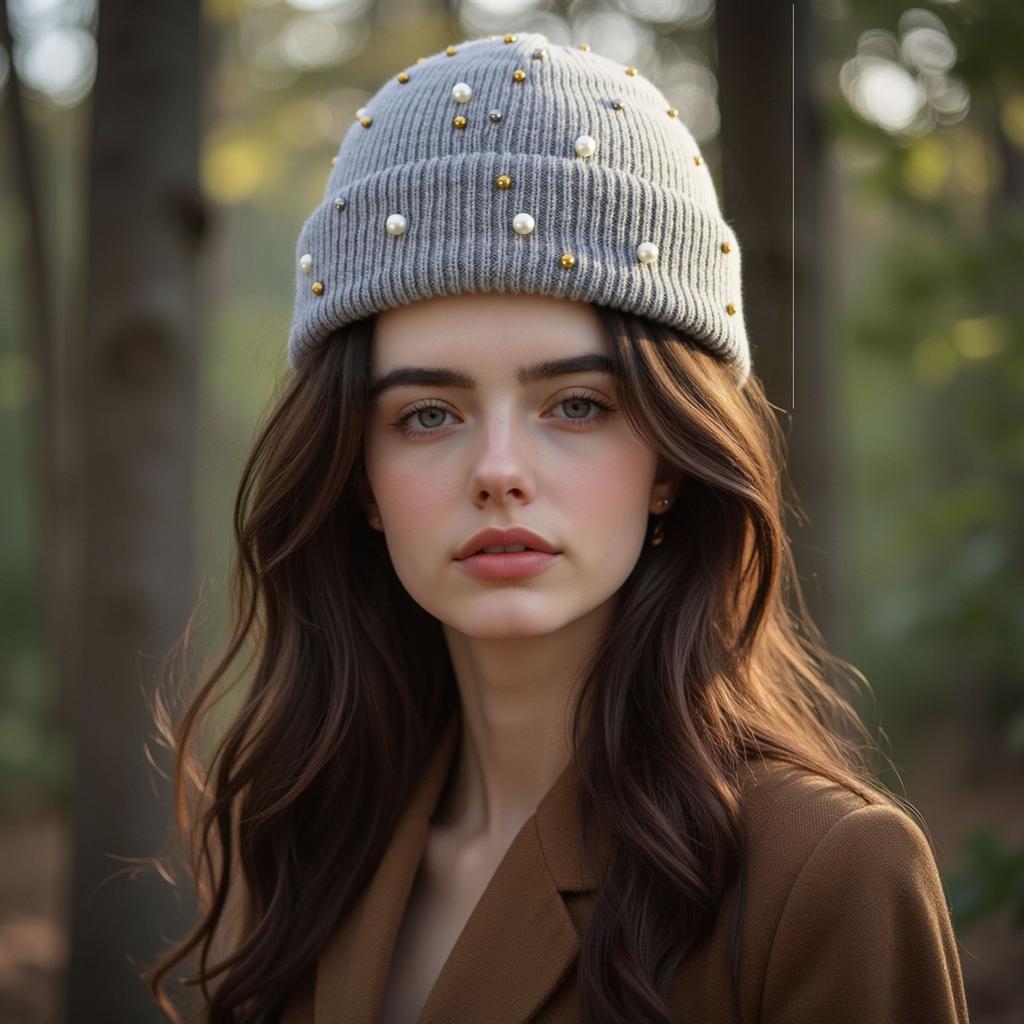 Solid color warm pearl hat autumn and winter fashion versatile pullover knitted hat rivet trend women's wool hat