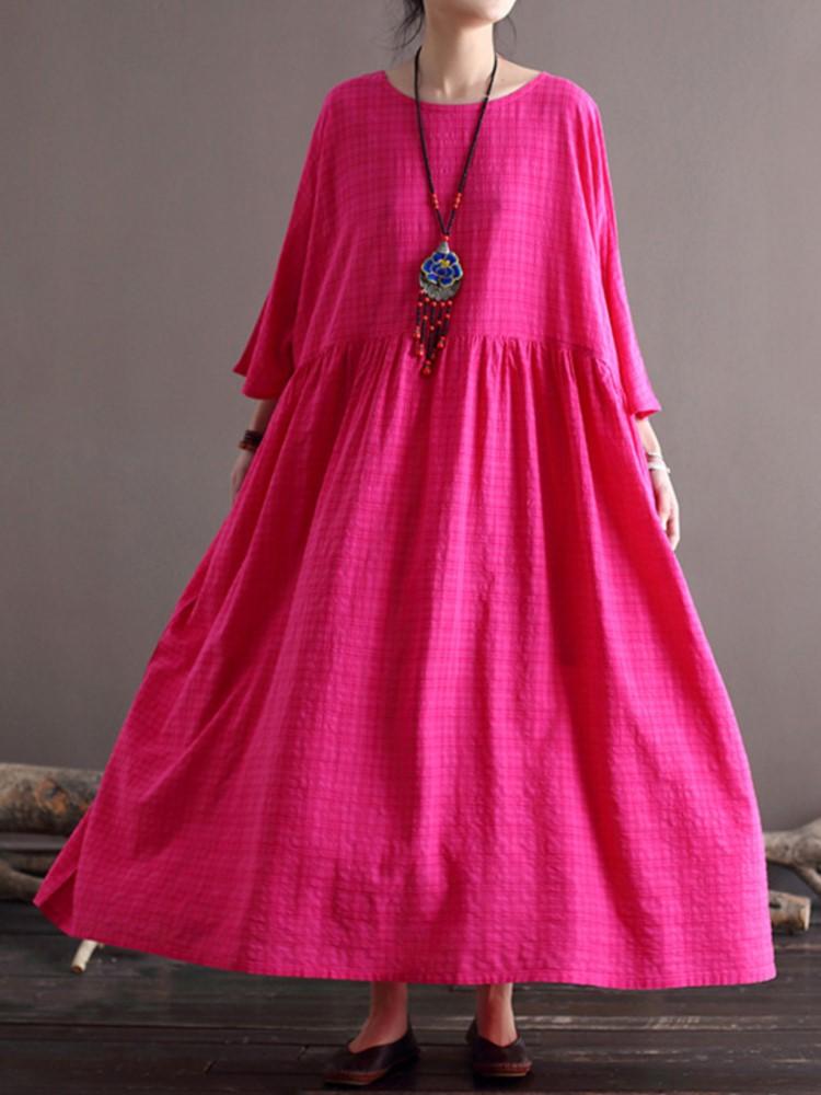 Johnature Женские клетчатые винтажные платья с рукавами «летучая мышь», свободные весенние халаты, лоскутные женские платья в китайском стиле