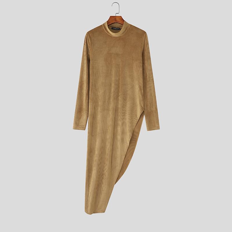 INCERUN Autumn Men Turtleneck Long Sleeve Texture Rib Irregular Tunic Tops Pullovers