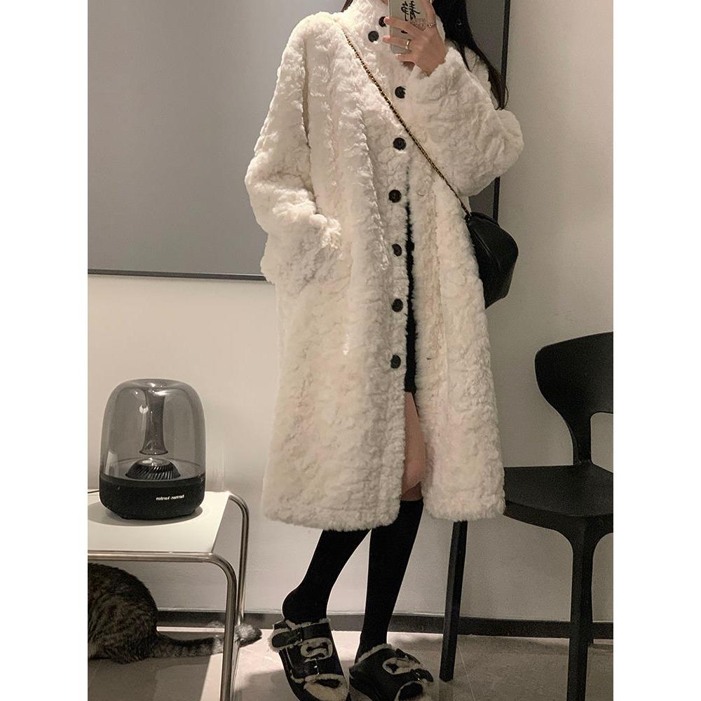 Пальто из овечьей шерсти, женское длинное пальто выше колена, утолщенный мех, свободный воротник-стойка, теплая повседневная стеганая куртка