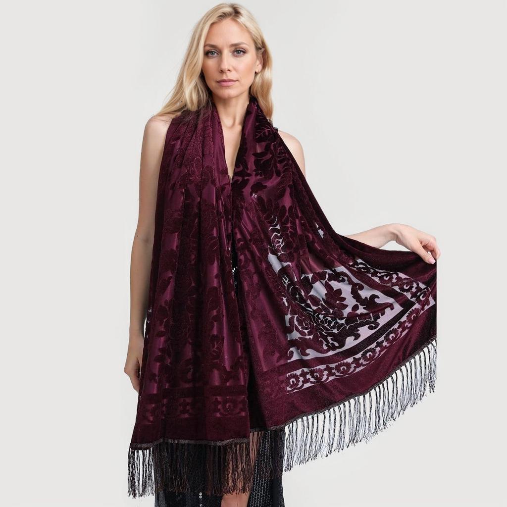 New National Style Elegant Velvet Cheongsam Shawl Versatile Long Tassel Scarf Warm Air Conditioning Shawl