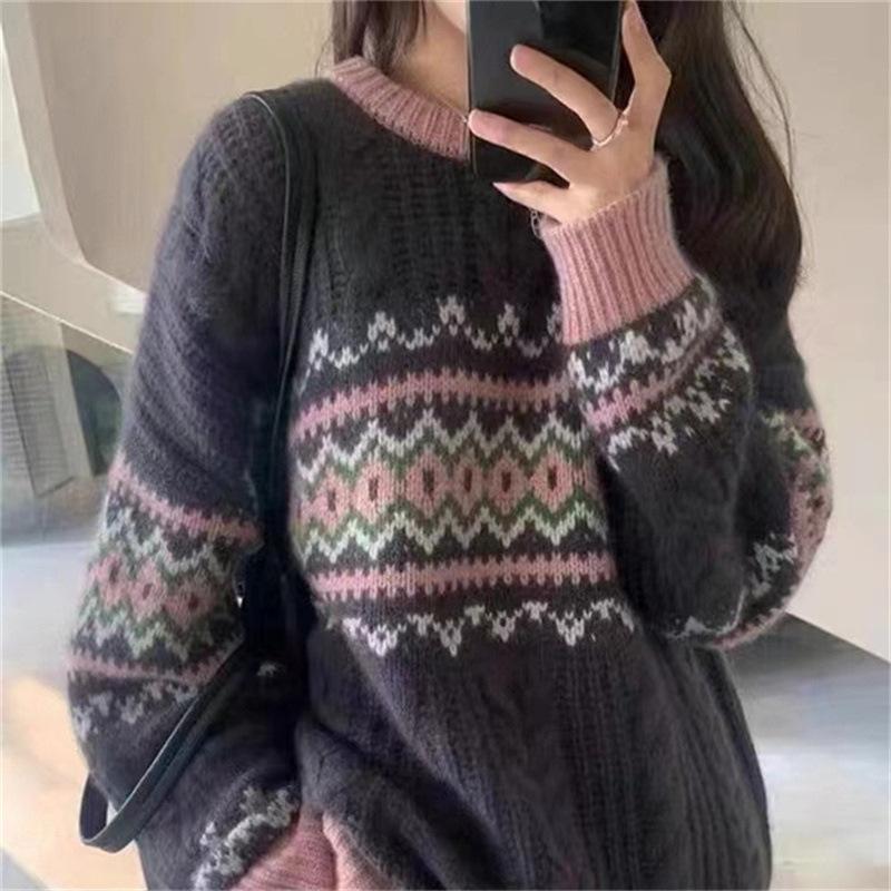 Женский свитер, винтажный контрастный свитер на осень-зиму, новый трикотаж, топ, пуловеры, женская одежда, джемпер