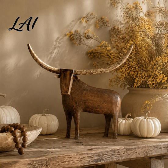 Country Cabin Decorative Objects Vintage Longhorn Bull/Sheep Sculpture Rustic Farmhouse Animal Figurine Western Style Unique Sculpture for