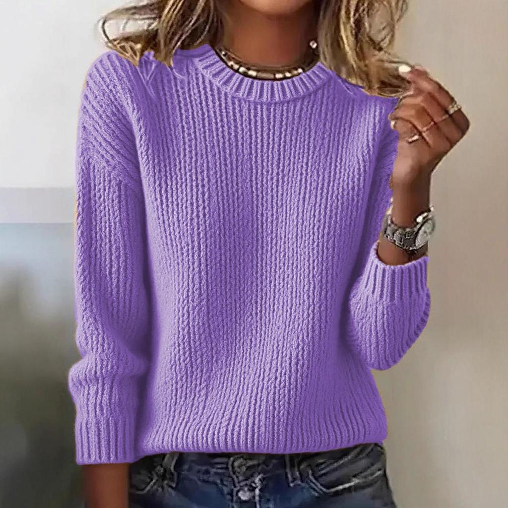 Women's Fashion Casual Loose Pullover Solid Color Round Neck Long Sleeve Knit Sweater