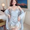 Sexy Padded Pajamas For Women Lace Strappy Sexy Drawstring Long-sleeved Nightgown Set