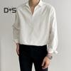 Men Spring Autumn Shirt V Neck Lapel Formal Office Shirt Silky Loose Straight Pullover Top Business Dating Party Shirt