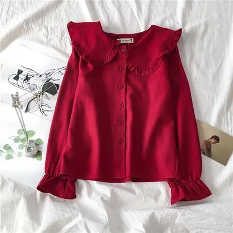 WTEMPO Рубашки с воротником «Питер Пэн», женские корейские студенческие каваи, милые повседневные топы, уличная одежда, повседневные однотонные блузки