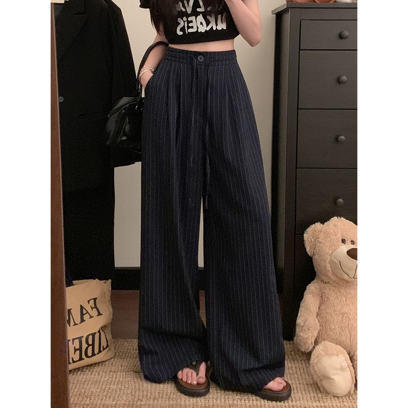 Kumikumi Stylish Drawstring Suit Pants Casual Pants Women Fall Striped Wide-Leg Pants Draping Mopping Pants Pants
