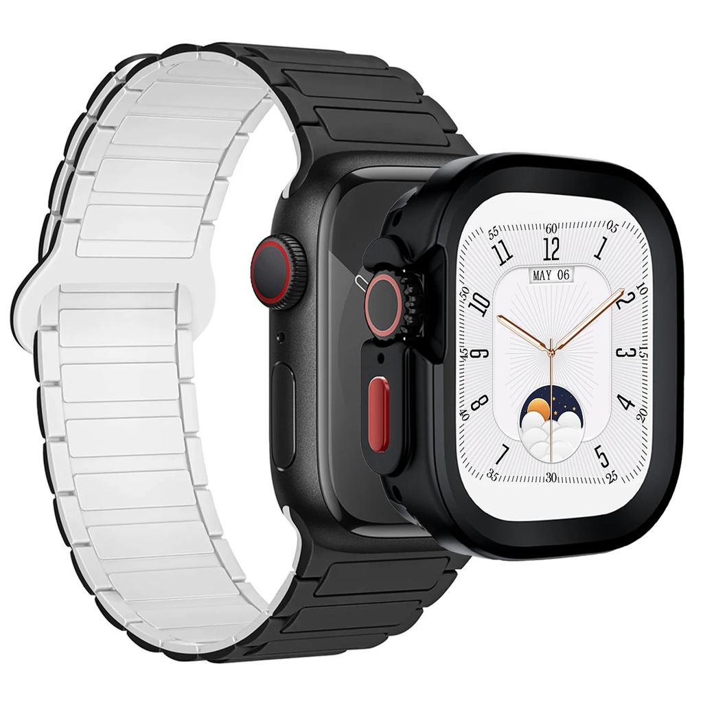 Ремешок+Чехол для Apple Watch Ultra 2 49 42 45 44 S10 46мм Магнитный силиконовый ремешок+чехол для IWatch Series 9 8 7 6 5 4 42мм 40 41мм