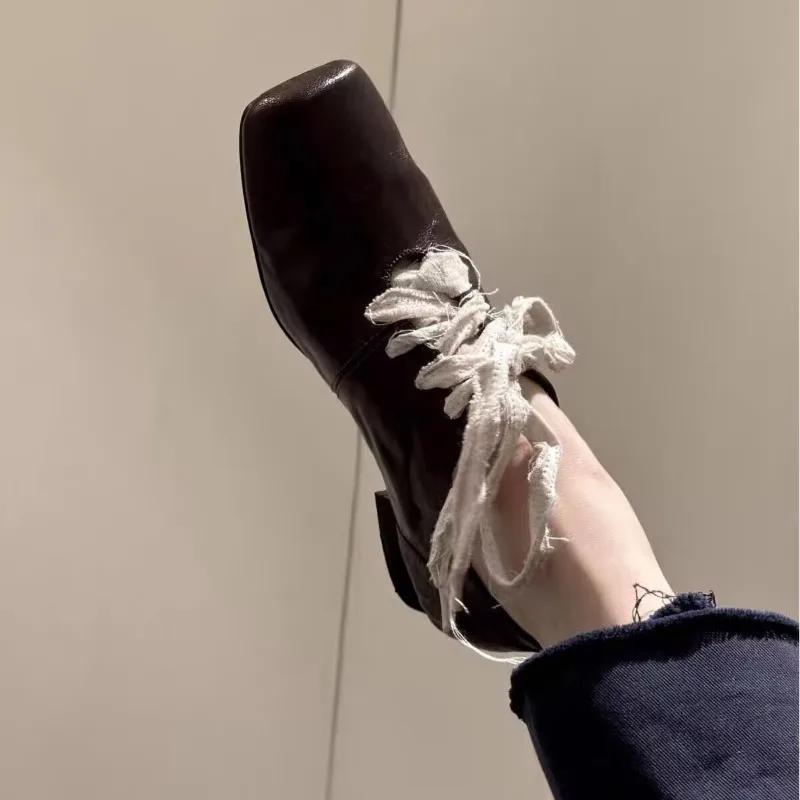 Женская Мода Туфли на Толстом Каблуке Весна Новинка Квадратный Носок Шнуровка Спереди Противоскользящие Износостойкие Высокие Каблуки