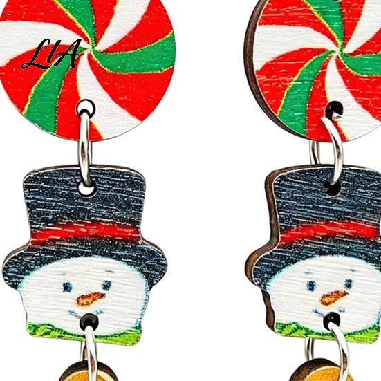 Winter Holiday Gifts 1 Pair Christmas Wooden Dangle Drop Earrings for Women, Cute Santa Women Seasonal Accessories Gingerbread Candy Cane Earrings,