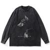 Streetwear Dobermann Graphic Washed Black T-Shirt Cotton Unisex Plus Size Long Sleeves T Shirt