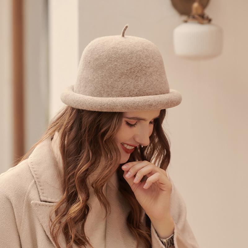 Autumn and Winter Wool Hat Women's Fashion Bucket Hat Big Eaves Dome Cute Top Hat Woolen Adult
