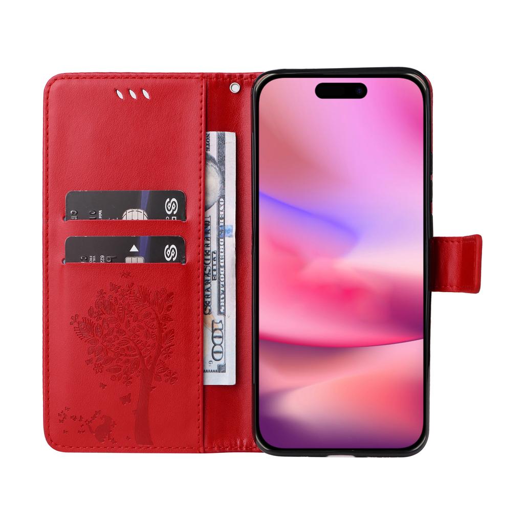 For iPhone 16 Phone Case with Stand Cat Tree Pattern Leather Wallet Mobile Cover