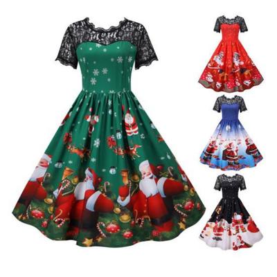 Женское рождественское платье трапециевидной формы с большими качелями с мультяшным принтом Санта-Снежинки, круглым вырезом и коротким рукавом, прозрачное кружево в стиле пэчворк, плиссированное женское новогоднее платье