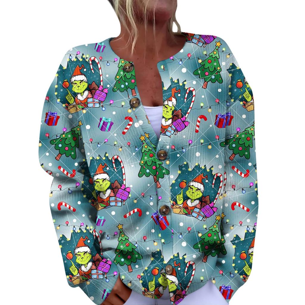 Женская мода рождественский принт длинный рукав вязаный кардиган пуховик