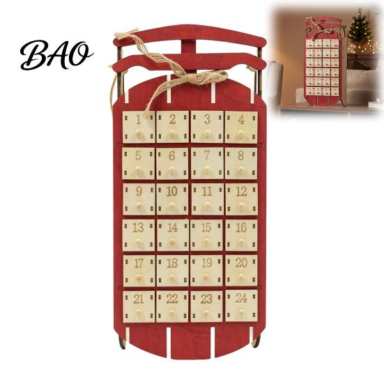 Christmas Decoration for Home Wooden Sleigh Advent Calendar, 24-Day Countdown Box with Drawers, Tabletop Display Tree Hanging Decor, Holiday Surprise