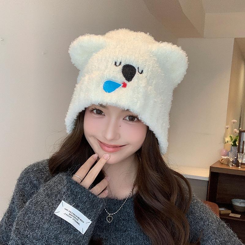 Autumn Winter Hat Women Bear Ear Protection Cap Plush Warm Knitted Wool Hat