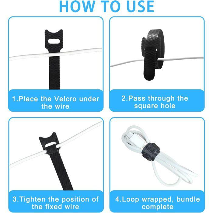 Attache Cable 100 Pcs, Sangles Câble 200mmx12mm , Réutilisables Serre Cable, Organisateur Rangement Cable (Noir)