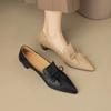 Phoentin Office Lady Elegant Black Shoes Women's Pointed Toe Mid Heels Genuine Leather Retro Pumps