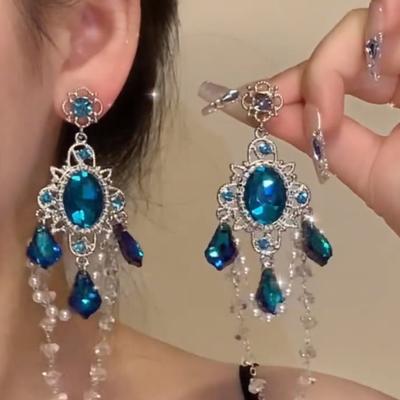 Серьги с подвесками из бисера из бриллиантового стекла 'Серебряная игла', овальные, в виде цветка, серьги в ретро-придворном стиле, серьги премиум-класса в стиле легкой роскоши