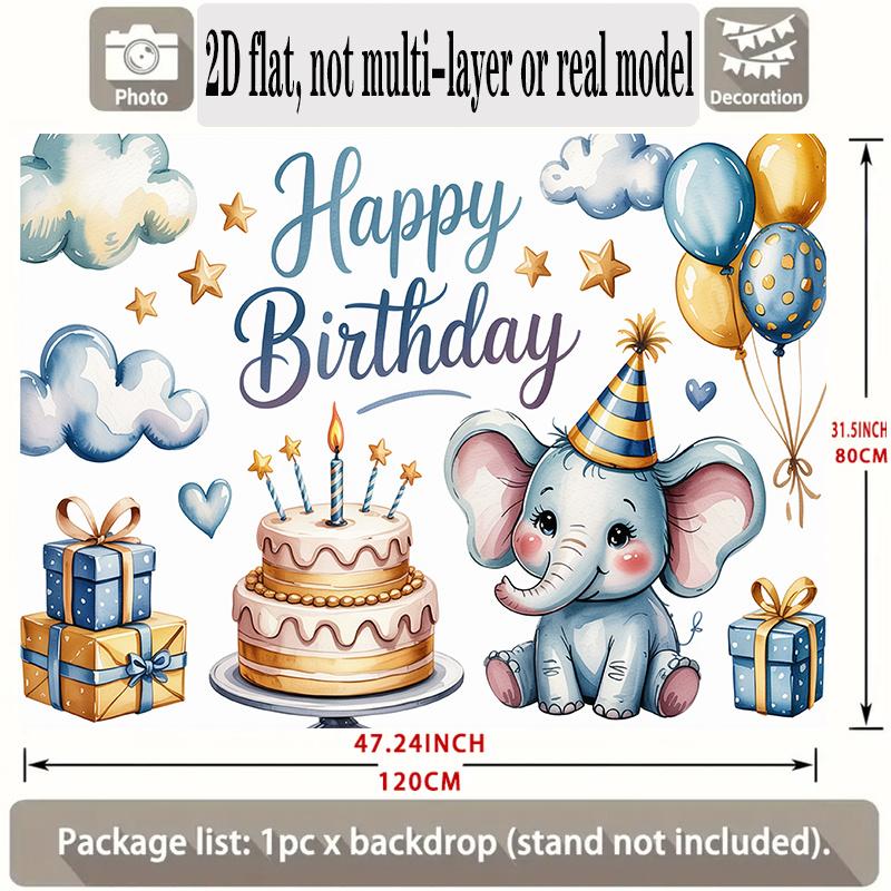 Happy Birthday Elephant Theme, 1pc Polyester Party Backdrop Banner, Photo Booth Background, Wall Decor