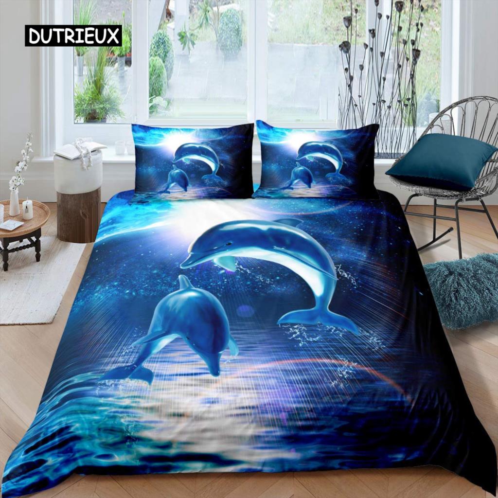 3D дельфин в синем море Queen King Size комплекты постельного белья Animal Single Quilt Duvet Cover Set Детская кровать для взрослых Полиэстеровое постельное белье