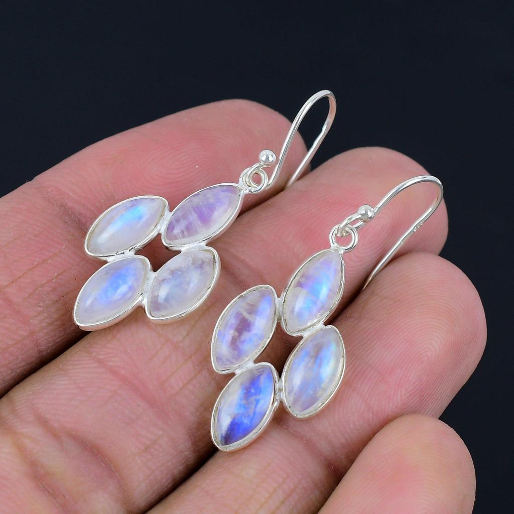 Natural Blue Fiery Rainbow Moonstone Earrings Solid 925 Sterling Silver Handmade Drop Dangle Earrings Jewelry Valentine's Day Gift For Love