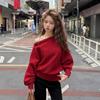 Women's Korean-Style Off-Shoulder Red Knit Sweater, Loose Fit, Autumn & Winter Wear