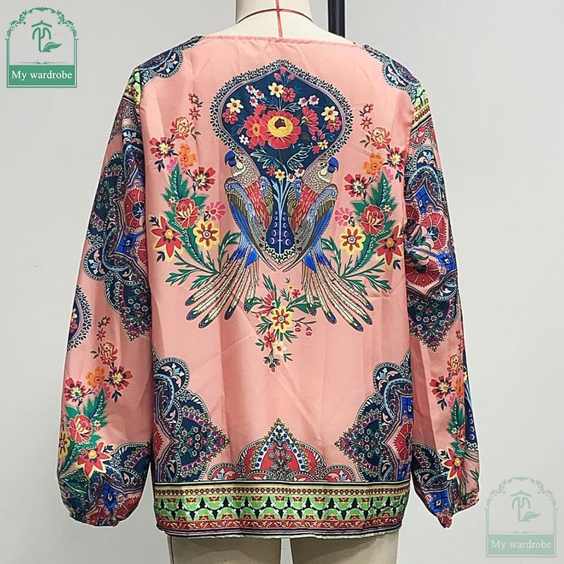 Women Bohemian Clothing Shirt Vintage Floral Print Tops Ladies Blouses Balloon Sleeve Shirt