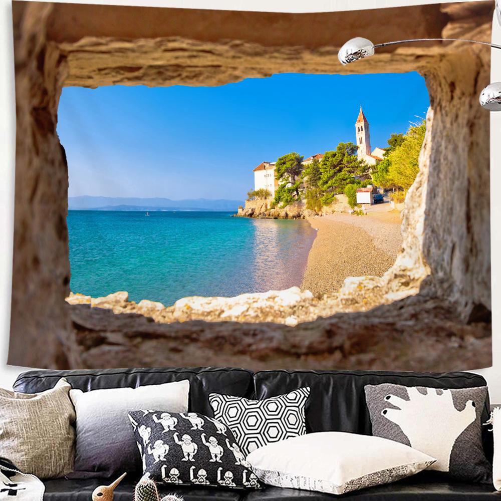 Подвесной домашний декор Настенный гобелен Имитация окна Вид на горы Гобелен Морское окно Лесная стена