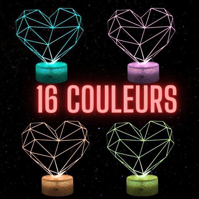 Lampe de Chevet 3D LED - Fabriquée en France - Coeur Stylisé - Multicolore - Télécommande - Tactile