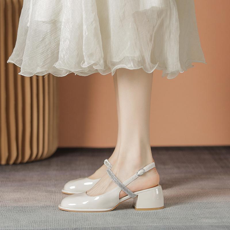 Летние босоножки Мэри Джейн на высоком каблуке с ремешками, украшенными кристаллами, 2024 г. Новые повседневные босоножки Baotou на квадратном каблуке среднего размера 34-40