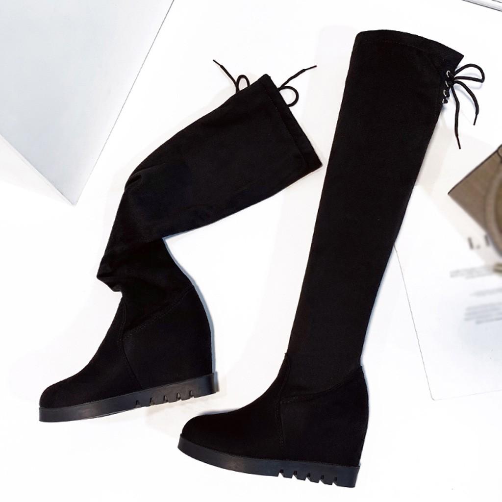 Женские теплые эластичные сапоги до колена, высокие сапоги на танкетке, студенческая обувь большого размера, ботинки