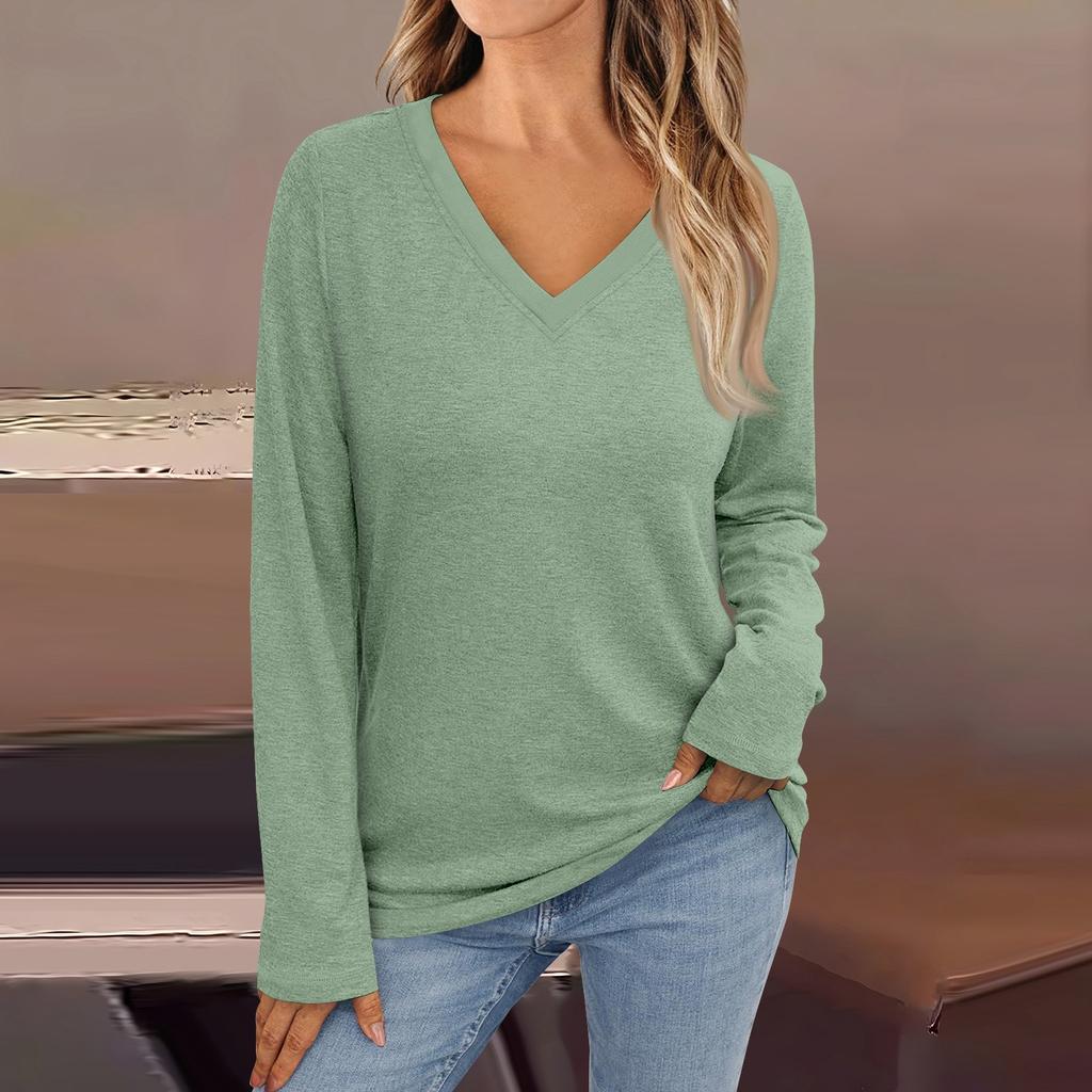 Женская модная винтажная футболка с длинным рукавом и V-образным вырезом в тон цвета осени