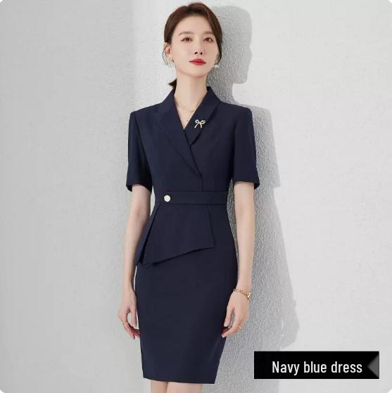 Темно-синее приталенное рабочее платье с коротким рукавом для женщин