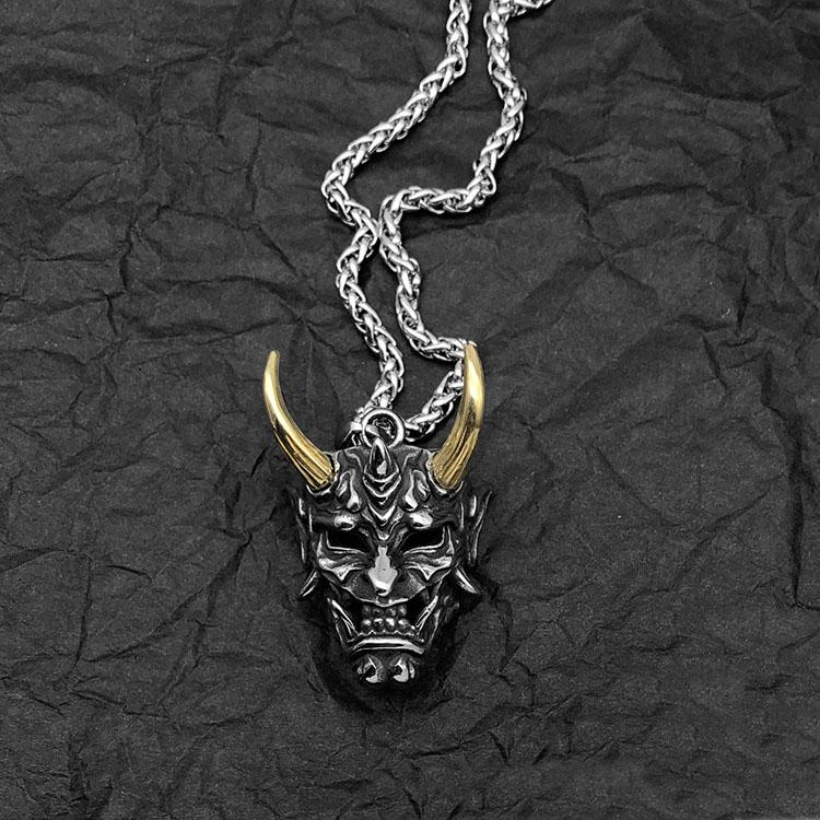 Mens Stainless Steel Necklace Fangs Demon Mask Pendant Retro Gothic Punk Style Skull Jewelry Gift